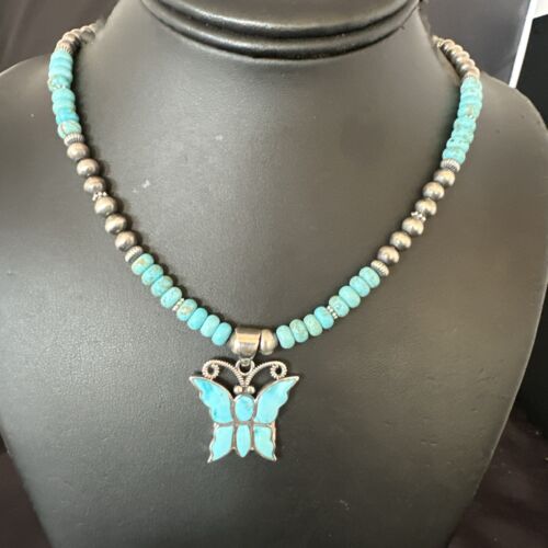 Navajo Butterfly Blue Ridge Turquoise Inlay Pendant | Sterling Silver Necklace | Authentic Native American Handmade | 17059