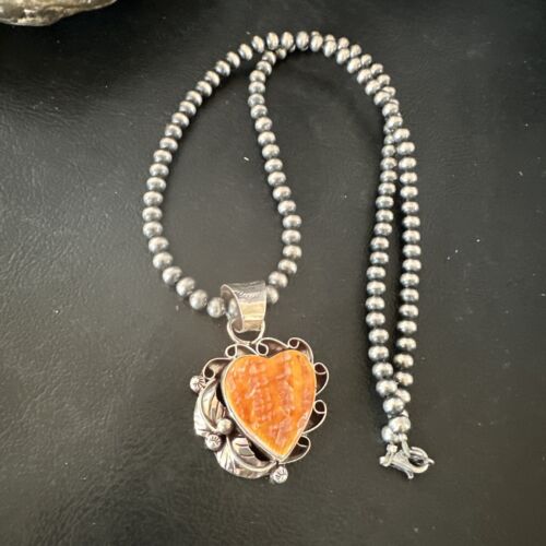 Navajo Orange Spiny Oyster Heart Pendant Necklace | Sterling Silver | Authentic Native American Handmade | 16552