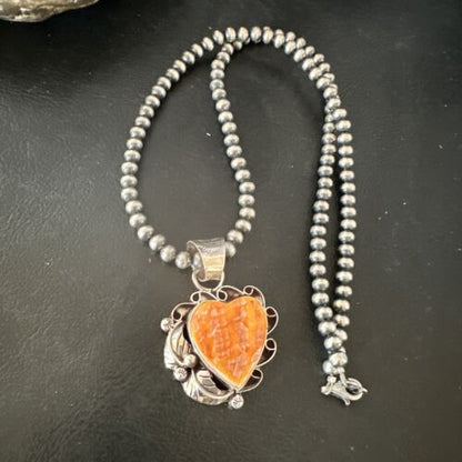 Navajo Orange Spiny Oyster Heart Pendant Necklace | Sterling Silver | Authentic Native American Handmade | 16552