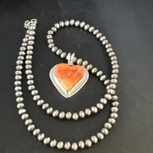 Navajo Orange Heart Spiny Oyster Pendant | Sterling Silver Necklace | Authentic Native American Handmade | 15015