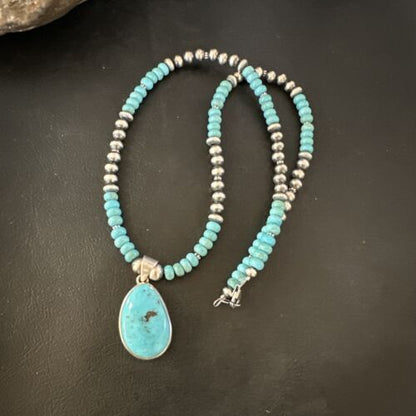 Navajo Blue Kingman Turquoise Pendant Necklace | Sterling Silver | 21" | Authentic Native American Handmade | 16932