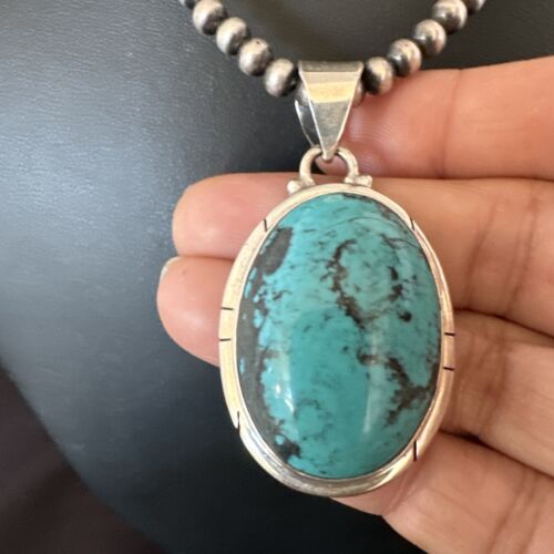 Men's Navajo Blue Spiderweb Turquoise Pendant Necklace | Sterling Silver | Authentic Native American Handmade | 16226
