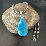 Navajo Blue Kingman Turquoise Pendant Necklace | Sterling Silver | 20" | Authentic Native American Handmade | 17000