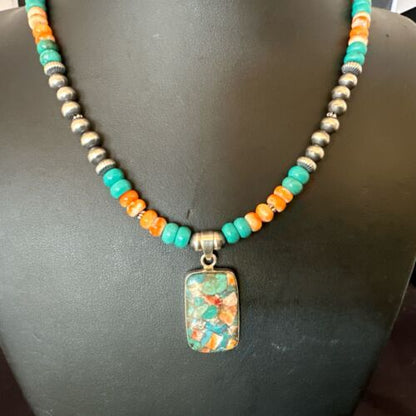 Navajo Spiny Turquoise Pendant Necklace | Sterling Silver | 22" | Authentic Native American Handmade | 17431