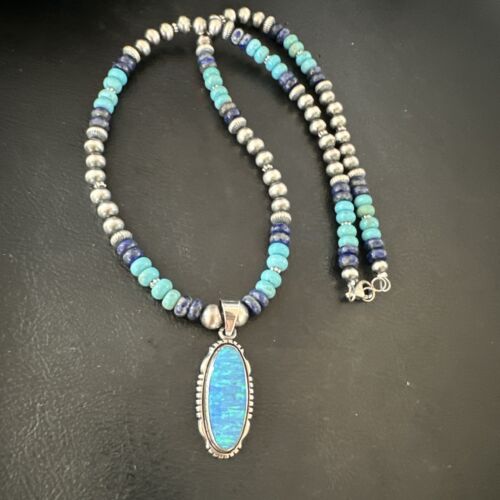 Navajo Opal Inlay Pendant with Turquoise Lapis Pearls | Sterling Silver Necklace | Authentic Native American Handmade | 16846