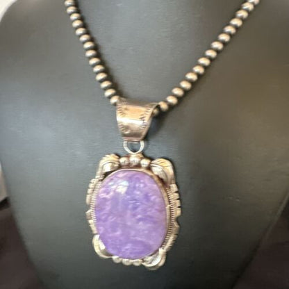 Navajo Purple Charoite Pendant with Pearls | Sterling Silver Necklace | Authentic Native American Handmade | 16653