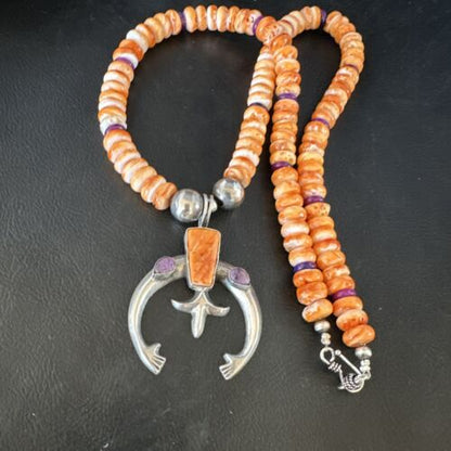Men's Orange Spiny Oyster Sugilite Naja Pendant Necklace | Navajo Sterling Silver | 22" | Authentic Native American Handmade | 15226