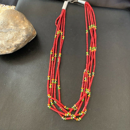 Navajo Red Coral Spiny Turquoise Bead Necklace with Pendant | Sterling Silver | 21" | 10923