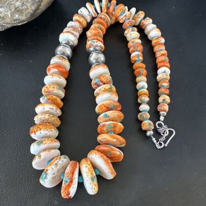 Navajo Blue Turquoise & Spiny Oyster Graduated Necklace | Sterling Silver | Authentic Native American | 24" | 16263 - Masha USA