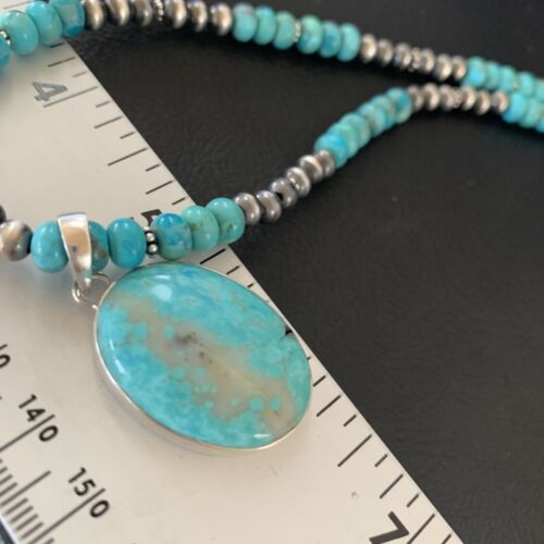 Navajo Pearls Necklace with Blue Kingman Turquoise Pendant | Sterling Silver | 11863