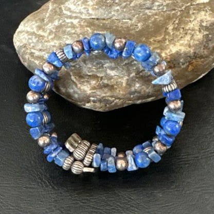 Navajo Lapis Silver Stainless Steel Memory Wire Bracelet | 6mm Beads | 6" | 17616