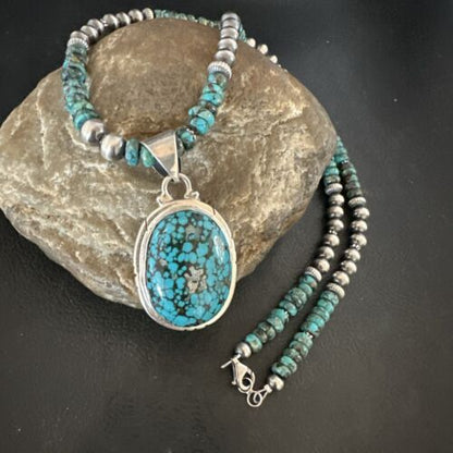 Navajo Men's Blue Spiderweb Turquoise Pendant Necklace | Sterling Silver | 17081