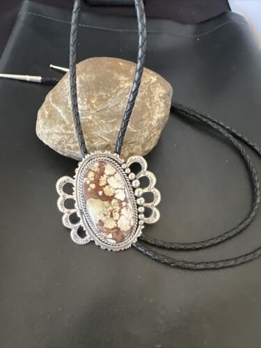 Navajo Men's Bolo Tie | Wild Horse Turquoise | Sterling Silver | Native American Handmade | 16757