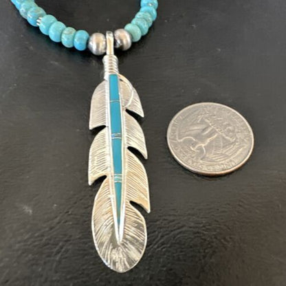 Men's Turquoise Inlay Feather Pendant Necklace | Sterling Silver | Authentic Native American Handmade | 17249
