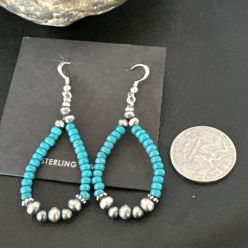 Navajo Teal Blue Turquoise 4mm Bead Earrings | Sterling Silver Pearls | 2" | Authentic Native American Handmade | 16823