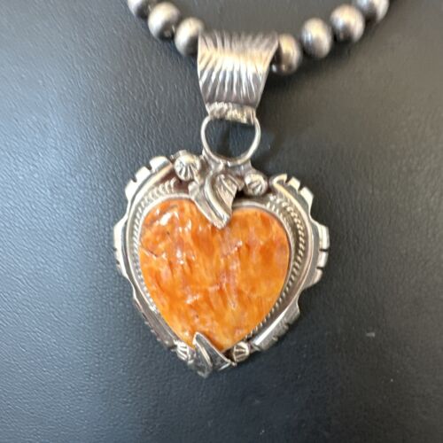 Navajo Orange Spiny Oyster Heart Pendant Necklace | Sterling Silver | Authentic Native American Handmade | 16296