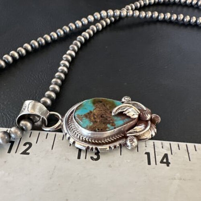 Navajo Blue Turquoise Pendant Necklace | Sterling Silver Pearls | Authentic Native American Handmade | 15655