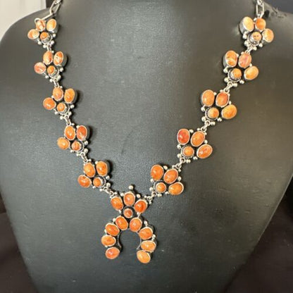Navajo Orange Spiny Oyster Squash Blossom Necklace | Sterling Silver | Authentic Native American Handmade | 16830