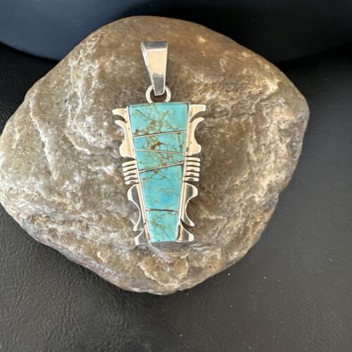 Navajo Blue #8 Turquoise Inlay Pendant | Sterling Silver | 2" | Authentic Native American Handmade | 15685