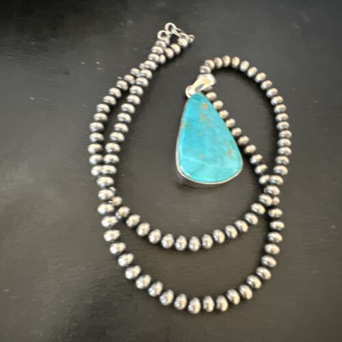 Navajo Blue Kingman Turquoise Pendant Necklace | Sterling Silver | 20" | Authentic Native American Handmade | 16724 - Masha USA