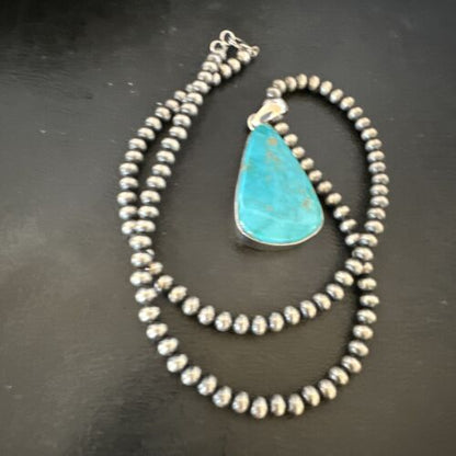 Navajo Blue Kingman Turquoise Pendant Necklace | Sterling Silver | 20" | Authentic Native American Handmade | 16724 - Masha USA