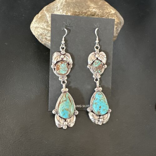 Navajo Blue Turquoise #8 Dangle Earrings | Sterling Silver | Authentic Native American Handmade | 16909