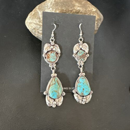 Navajo Blue Turquoise #8 Dangle Earrings | Sterling Silver | Authentic Native American Handmade | 16909
