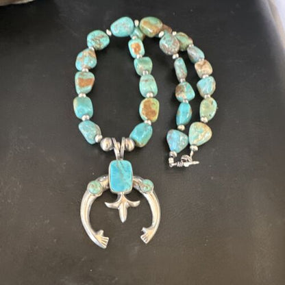 Navajo Blue Turquoise Naja Pendant Necklace | Sterling Silver | Authentic Native American Handmade | 15205