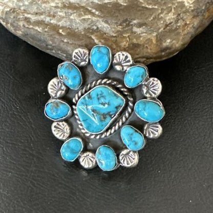 Navajo Blue Kingman Turquoise Cluster Ring | Authentic Native American Sterling Silver | Multi-Stone | Sz 10.5 | 17423