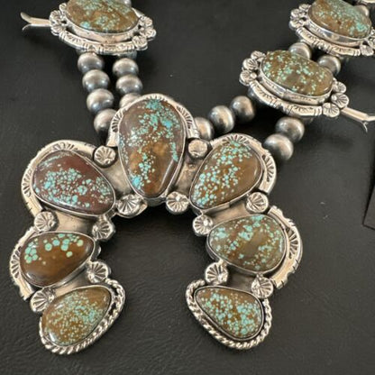 Navajo Blue Turquoise #8 Squash Blossom Necklace with Naja Earrings | Sterling Silver | 17204 - Masha USA