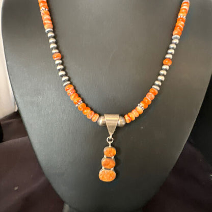 Navajo Orange Spiny Oyster Pendant Necklace | Sterling Silver | Multi-Stone | Authentic Native American Handmade | 15254