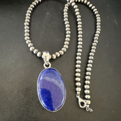 Navajo Blue Lapis Pendant with Pearls | Sterling Silver Necklace | 20" | Authentic Native American Handmade | 16661