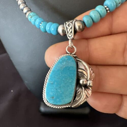Navajo Blue Turquoise Pendant with Pearls | Sterling Silver Necklace | Authentic Native American Handmade | 15418