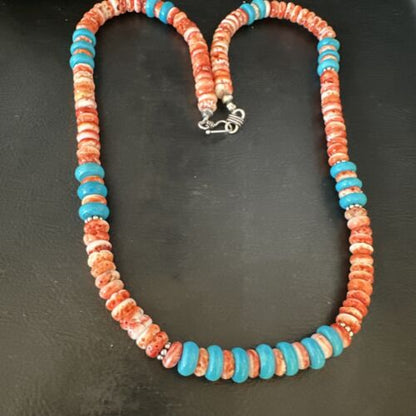 Women's Turquoise Spiny Oyster Necklace | Navajo Pearl Sterling Silver | Authentic Native American Handmade | 22" | 15057