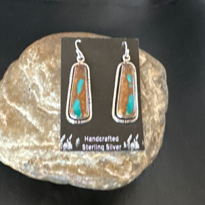 Navajo Blue Boulder Turquoise Dangle Earrings | Sterling Silver | Authentic Native American Handmade | 16499