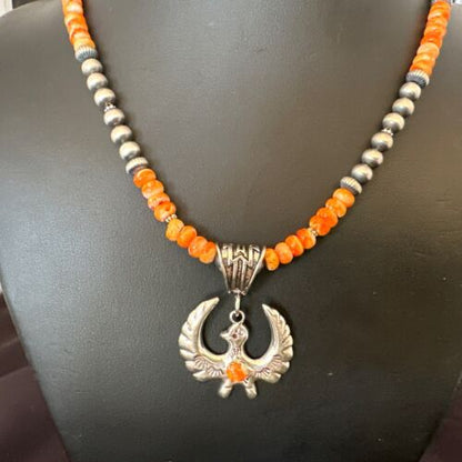 Navajo Thunderbird Orange Spiny Oyster Pendant Necklace | Sterling Silver | Authentic Native American Handmade | 16852