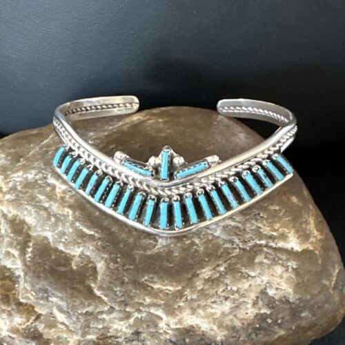 Native American Zuni Blue Turquoise Needle Point Cluster Cuff Bracelet | Sterling Silver | Handmade Southwestern Jewelry | 15068