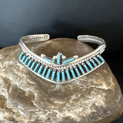 Native American Zuni Blue Turquoise Needle Point Cluster Cuff Bracelet | Sterling Silver | Handmade Southwestern Jewelry | 15068