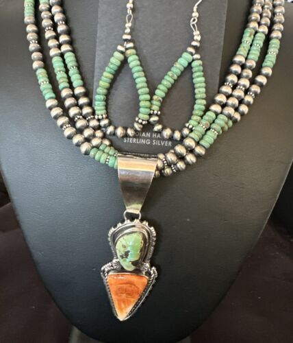 Navajo Royston Turquoise Spiny Pendant Set | Authentic Native American Sterling Silver | 3" | Handmade | 16813