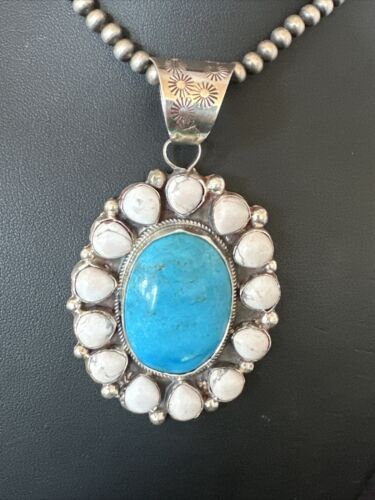Navajo Blue Turquoise White Cluster Pendant Necklace | Sterling Silver | Multi-Stone | 17391