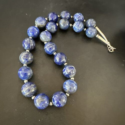 Navajo Blue Denim Lapis Necklace | Sterling Silver | 16mm | 18" | Authentic Native American Handmade | 17303