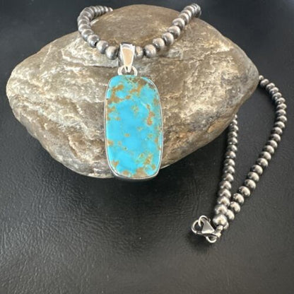 Navajo Blue Kingman Turquoise Pendant Necklace | Sterling Silver | 20" | Authentic Native American Handmade | 16698
