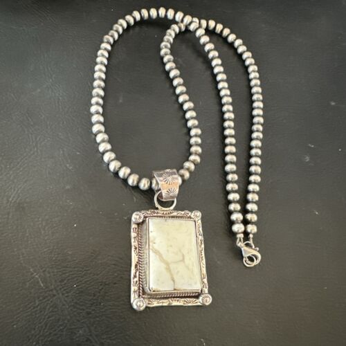 Navajo White Buffalo Turquoise Pendant | Sterling Silver Pearls Necklace | Authentic Native American Handmade | 17101