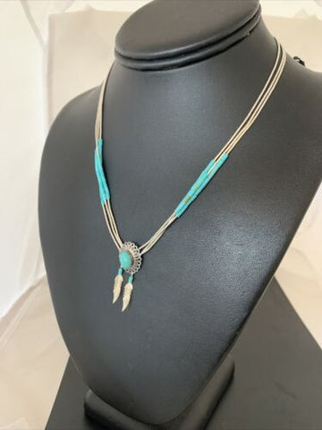 USA Girls Turquoise Liquid Heishi Sterling 3-Strand Necklace Feather Pendant02049
