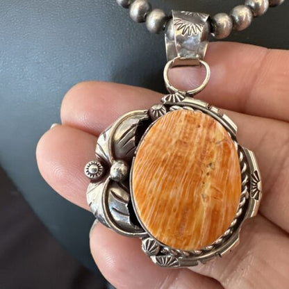 Navajo Orange Spiny Oyster Pendant Necklace | Sterling Silver Pearls | Authentic Native American Handmade | 16559
