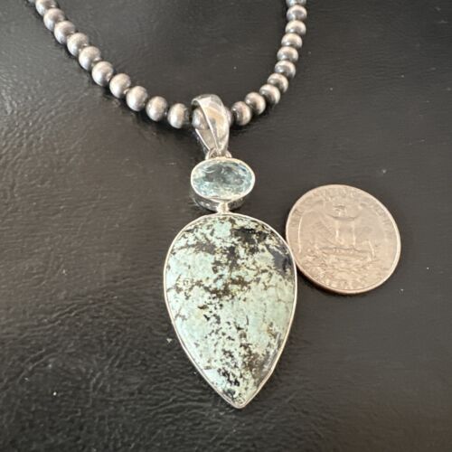 Navajo Dry Creek Turquoise Topaz Pendant Necklace | Sterling Silver | Authentic Native American Handmade | 16314