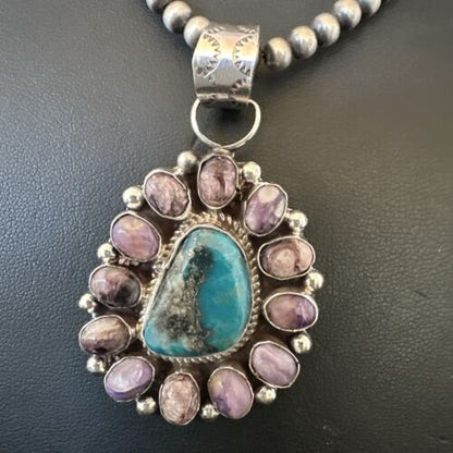 Purple Charoite Turquoise Pendant | Navajo Pearls | Sterling Silver Necklace 21" | Multi-Stone 17190