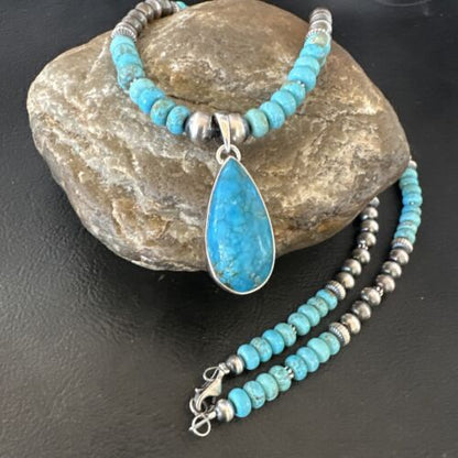 Navajo Blue Turquoise Pendant Necklace | Sterling Silver | Authentic Native American Handmade | 16652