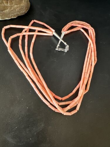 Navajo Pink Coral Tube Heishi Bead Necklace | 5-Strand Sterling Silver | 18" | Authentic Native American Handmade | 15278 - Masha USA