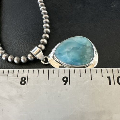 Navajo Blue Larimar Pendant Necklace | Sterling Silver Beads | Authentic Native American Handmade | 17563